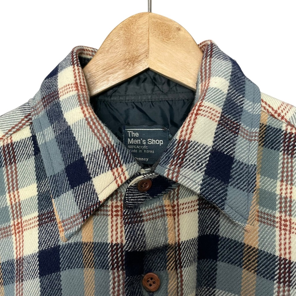 1970s Plaid Shirt Men JC Penney The Men's Shop XL Blue White Acrylic Vintage